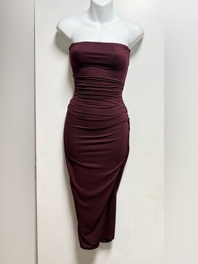 Windsor Strapless Burgundy Ruched Bodycon Midi Dress